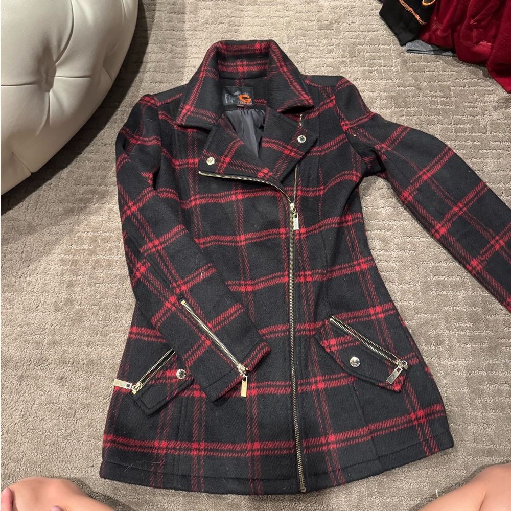 G by Guess Red and Black Plaid Trench Coat